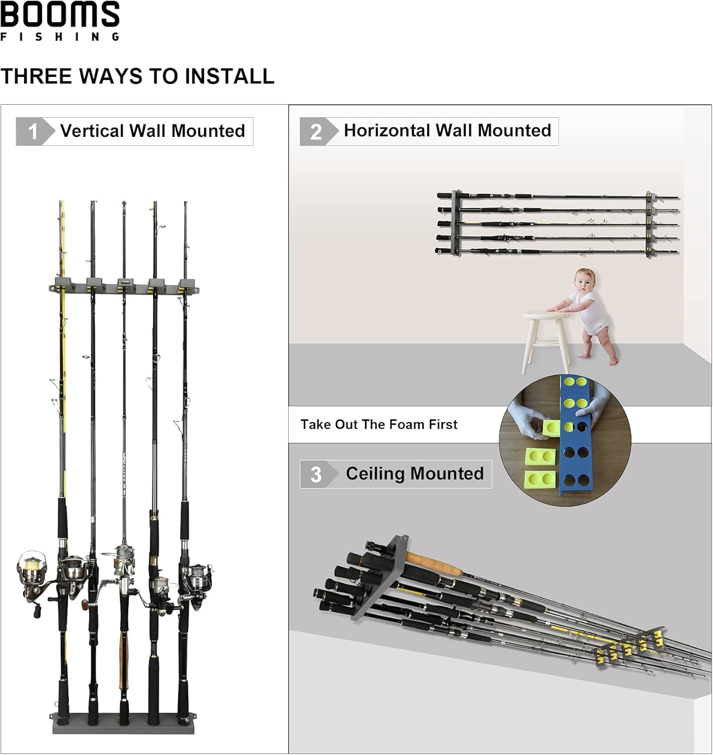 Rod Holder for Garage: Wall Mount Fishing Pole Holders for Garage | Fishing Rod Rack Holds up to 10 Rods, Vertical/Horizontal/Ceiling Fishing Pole Racks, WV4 Gray + Yellow