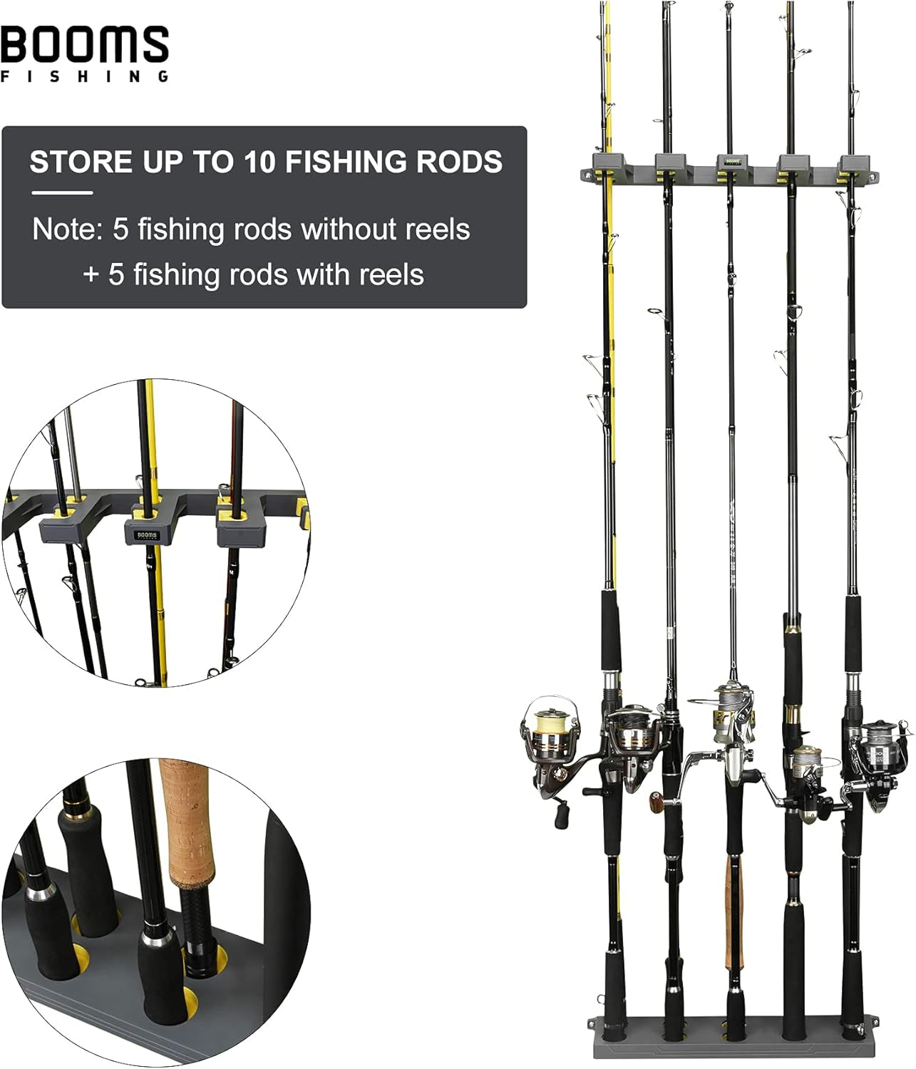 Rod Holder for Garage: Wall Mount Fishing Pole Holders for Garage | Fishing Rod Rack Holds up to 10 Rods, Vertical/Horizontal/Ceiling Fishing Pole Racks, WV4 Gray + Yellow