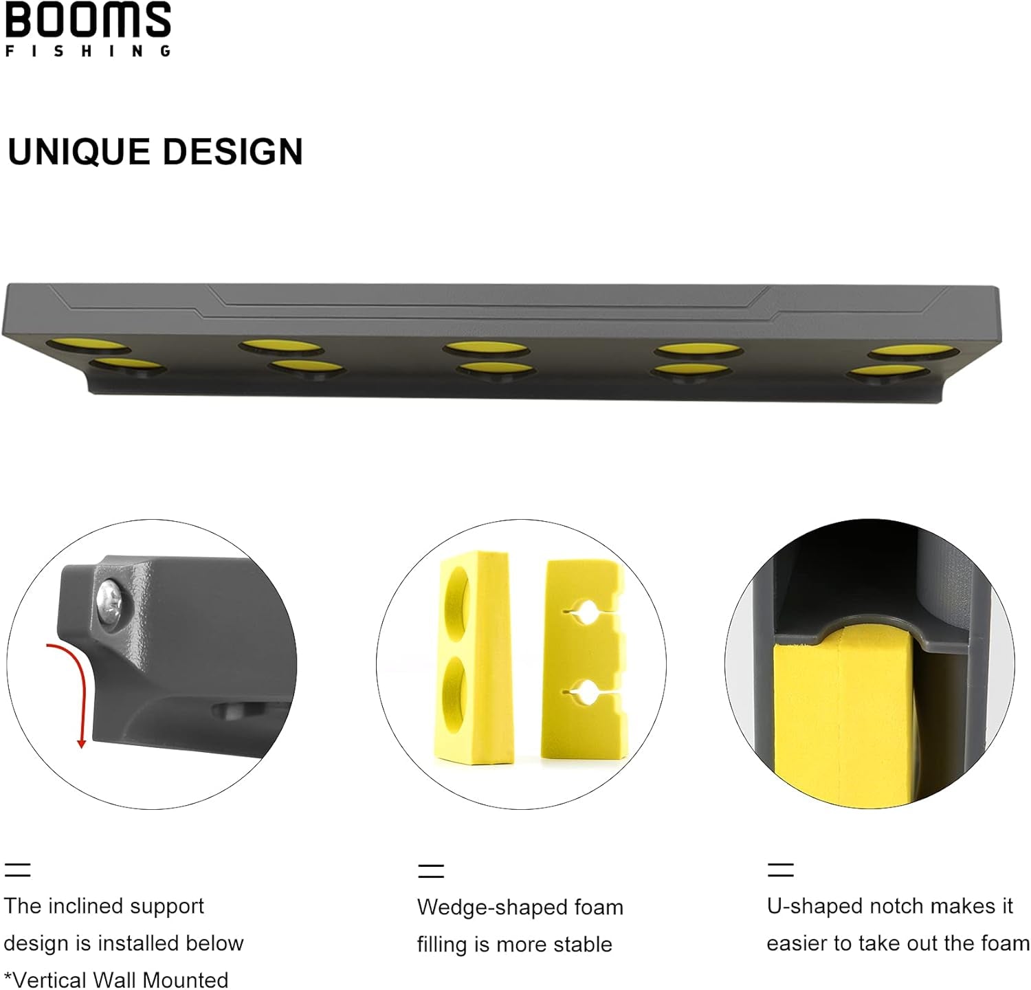 Rod Holder for Garage: Wall Mount Fishing Pole Holders for Garage | Fishing Rod Rack Holds up to 10 Rods, Vertical/Horizontal/Ceiling Fishing Pole Racks, WV4 Gray + Yellow