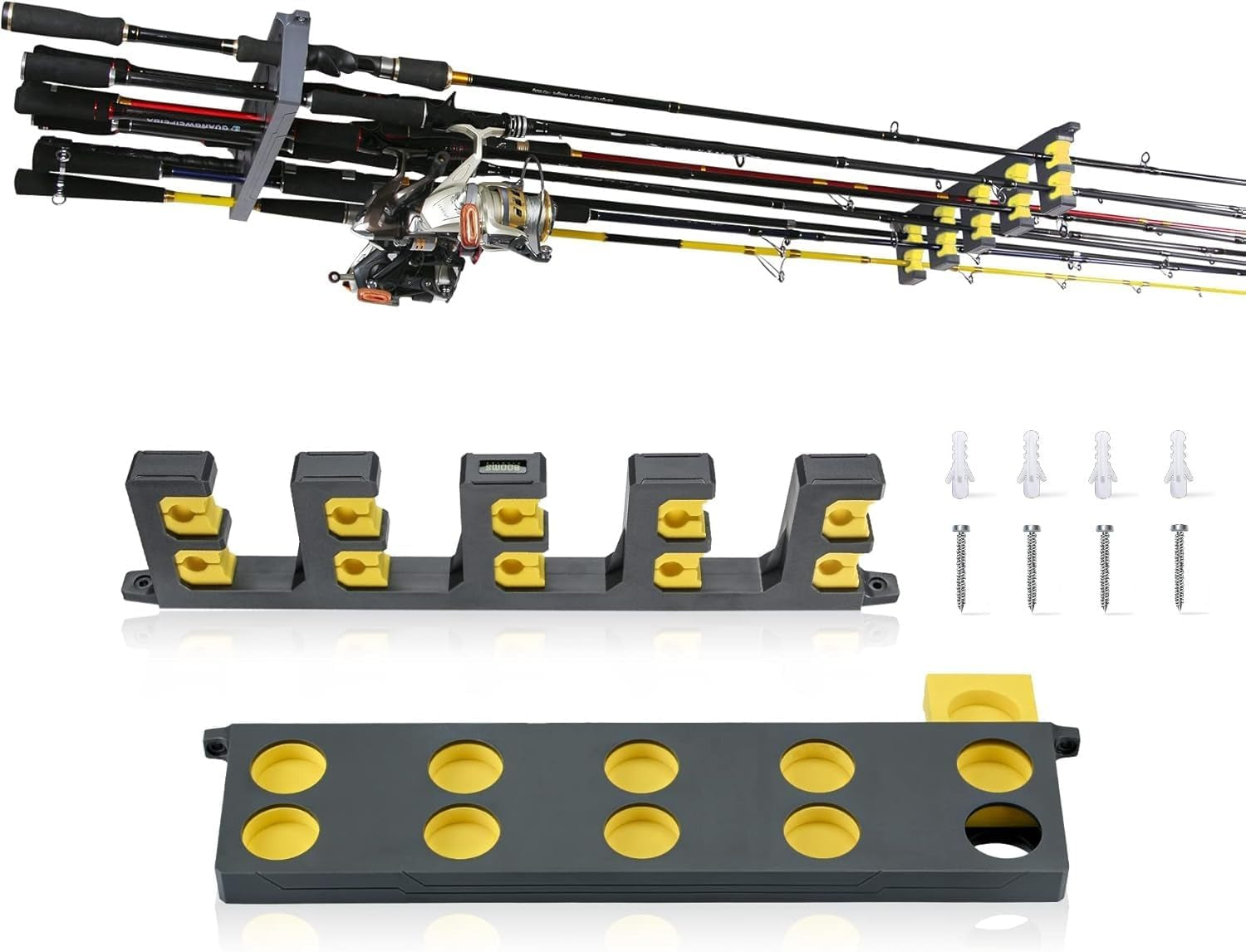 Rod Holder for Garage: Wall Mount Fishing Pole Holders for Garage | Fishing Rod Rack Holds up to 10 Rods, Vertical/Horizontal/Ceiling Fishing Pole Racks, WV4 Gray + Yellow