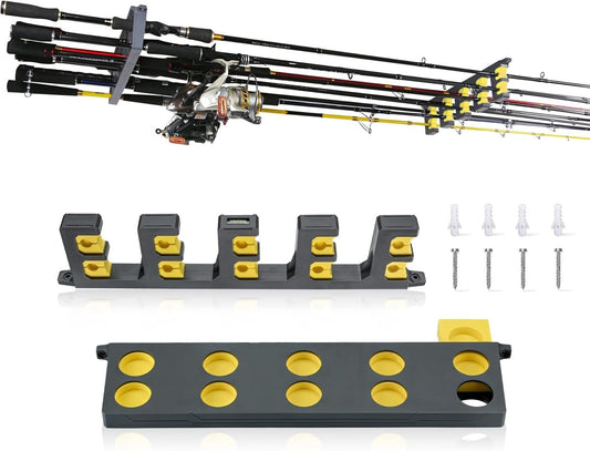 Rod Holder for Garage: Wall Mount Fishing Pole Holders for Garage | Fishing Rod Rack Holds up to 10 Rods, Vertical/Horizontal/Ceiling Fishing Pole Racks, WV4 Gray + Yellow
