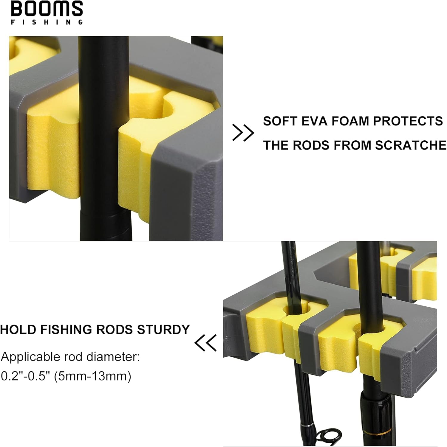 Rod Holder for Garage: Wall Mount Fishing Pole Holders for Garage | Fishing Rod Rack Holds up to 10 Rods, Vertical/Horizontal/Ceiling Fishing Pole Racks, WV4 Gray + Yellow